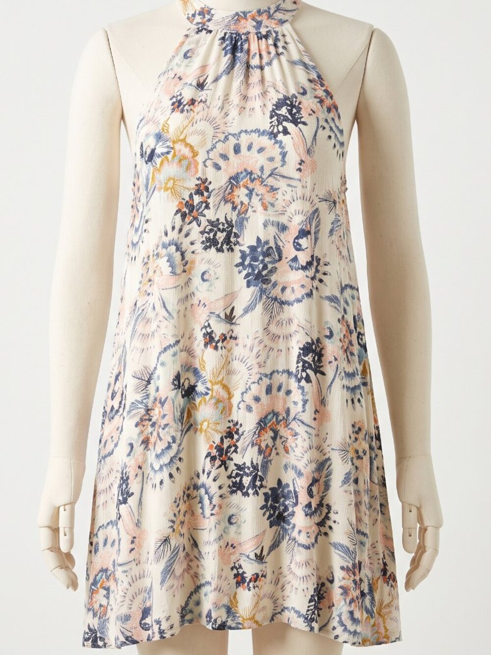 Roxy Floral Halter Swing Mini Dress Boho Beach Cover Up Medium